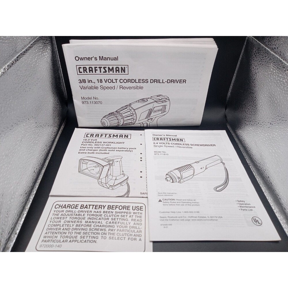 3 Craftsman 3/8" 18 Volt Cordless Drill MANUAL, 2.4V Screwdriver Worklight